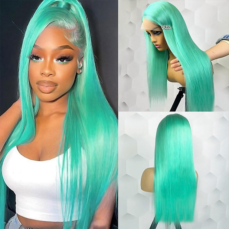 Hairsmarket Mint Green 13x6 Lace Front Wig Body Wave Straight Human Hair Wig 32 Inch 180% Density