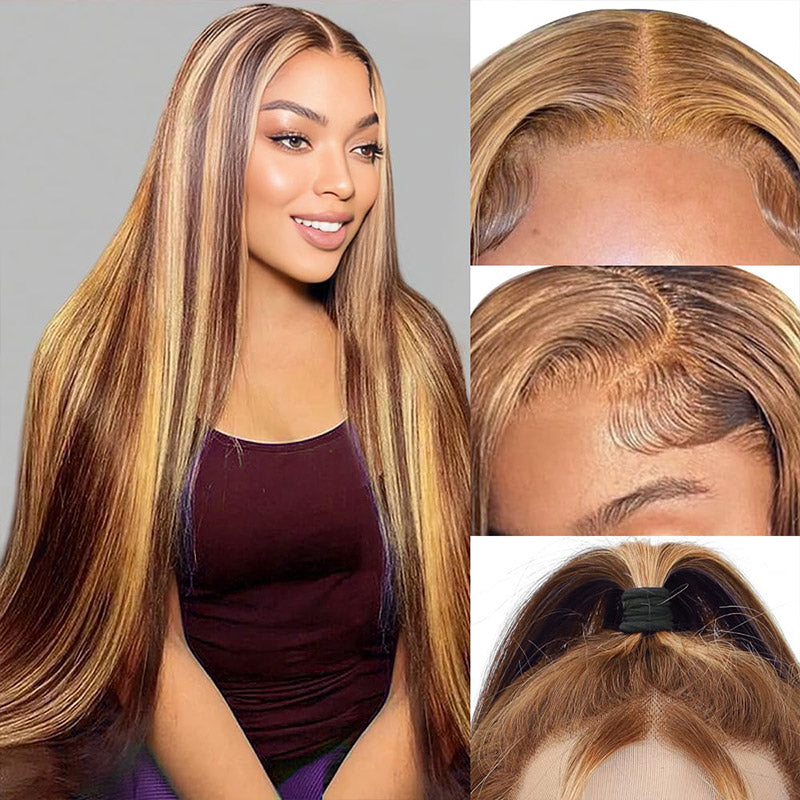 30&quot;=$185| Hairsmarket P4/27 Color Highlight Wig 13x6 HD Lace Front Wig Straight Honey Blonde Glueless Human Hair Wig