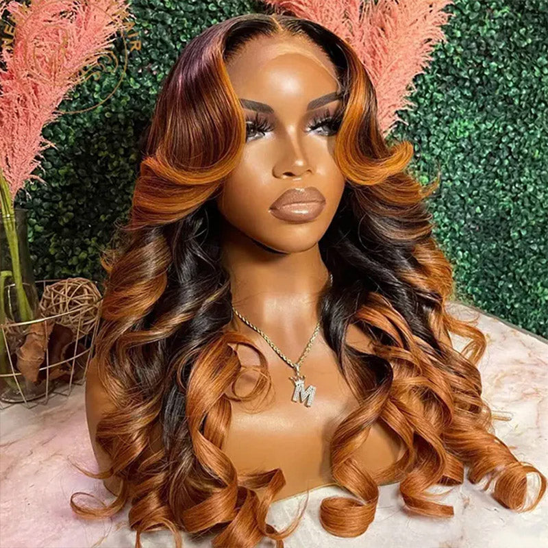 Hairsmarket Ombre Brown Highlight 13x4 Full Lace Frontal Wig Body Wave HD lace Human Hair Colored Wig 32 Inch 180% Density