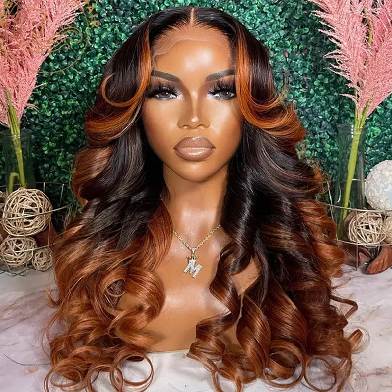 Hairsmarket Ombre Brown Highlight 13x4 Full Lace Frontal Wig Body Wave HD lace Human Hair Colored Wig 32 Inch 180% Density