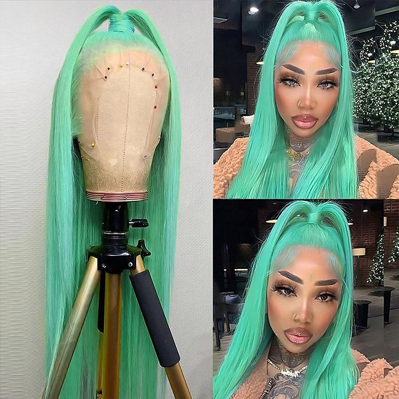 Hairsmarket Mint Green 13x6 Lace Front Wig Body Wave Straight Human Hair Wig 32 Inch 180% Density