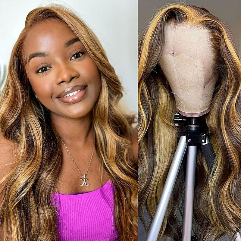 30&quot;=$185 | Hairsmarket P4/27 Color Highlight Wig 13x6 HD Lace Front Wig Body Wave Hair Honey Blonde Glueless Human Hair Wig