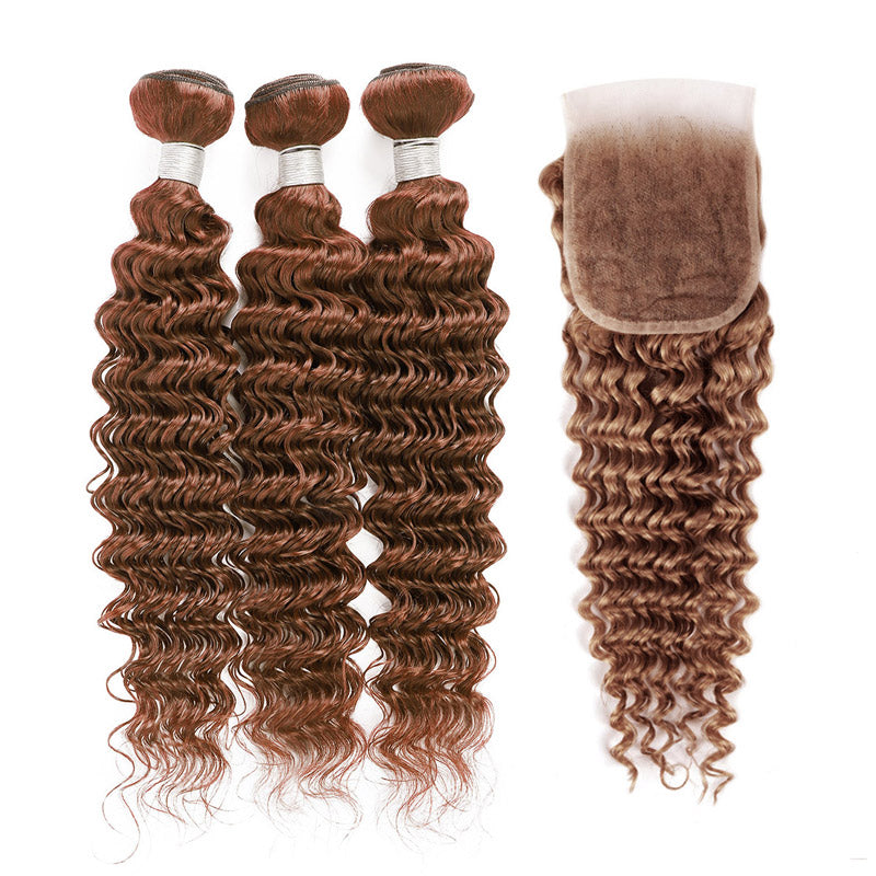 #4 Chocolate Brown Deep Wave 3 Bundles With 4x4 Lace Closure 100% Human Hair