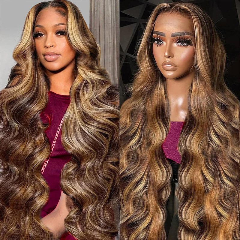 30&quot;=$185 | Hairsmarket P4/27 Color Highlight Wig 13x6 HD Lace Front Wig Body Wave Hair Honey Blonde Glueless Human Hair Wig