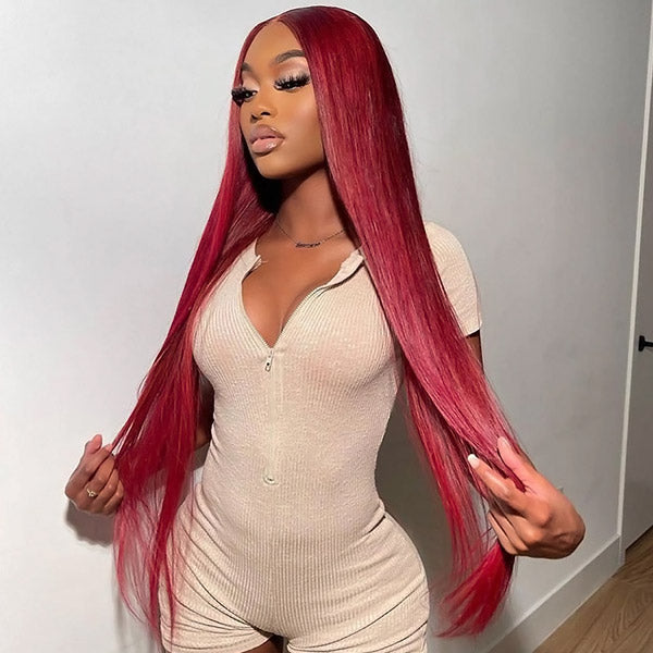 Wear And Go Wigs Burgundy 13x4 Lace Front Wigs Straight Human Hair 99J Glueless Wigs