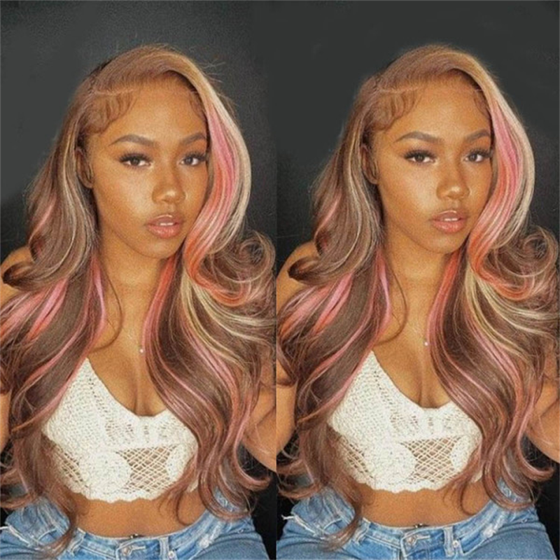 Hairsmarket Glueless Pink Balayage Brown Hair Color Wigs Body Wave Lace Front Wigs