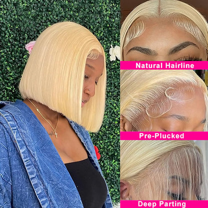 613 Blonde Short Bob Wigs Transparent Straight Hair 4×4 Lace Closure Wig 150%