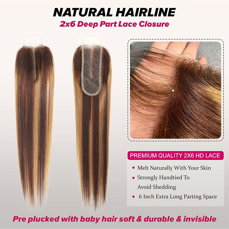 Hairsmarket Highlight Honey Blonde Straight Human Hair 3 Bundles With 2*6 Lace Closure