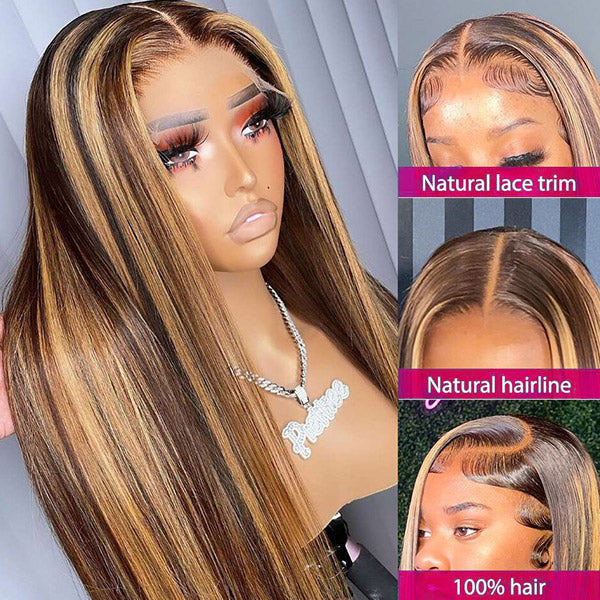 Honey Blonde Highlight Glueless Wigs Straight Hair Lace Front Wigs P4/27 Colored Wig With 3 Cap Sizes