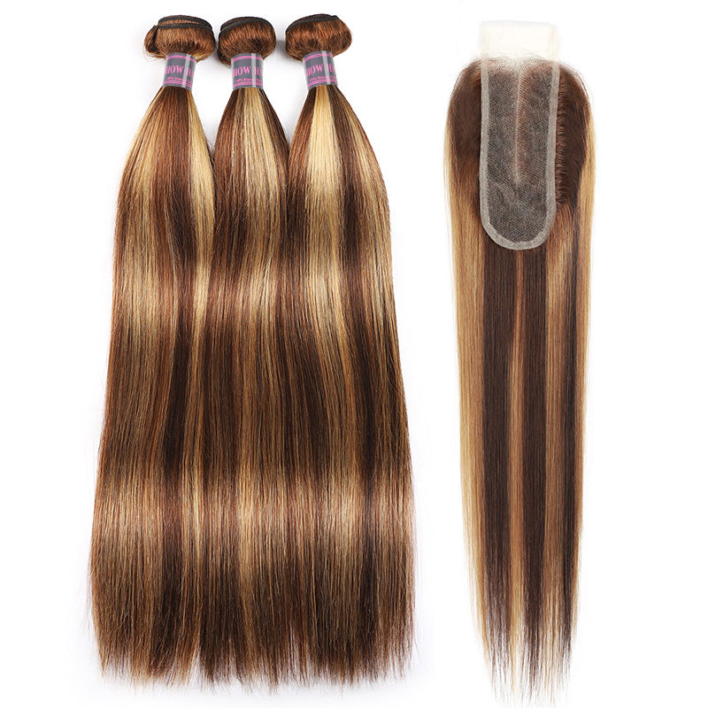 Hairsmarket Highlight Honey Blonde Straight Human Hair 3 Bundles With 2*6 Lace Closure