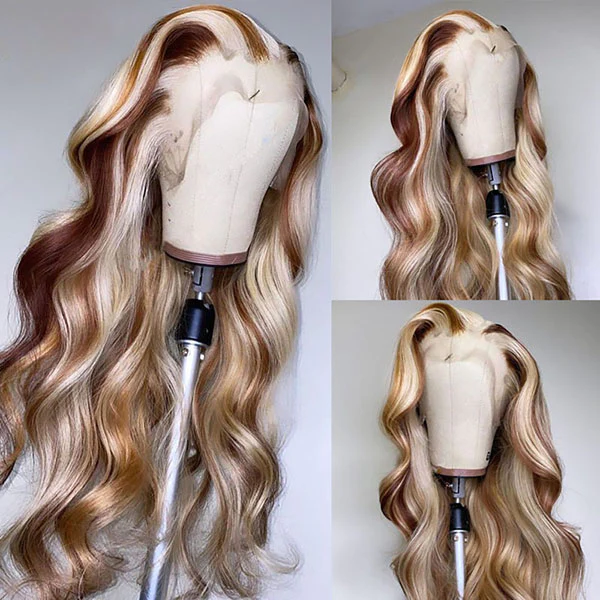 P4/613 Body Wave Wig Brown With Blonde Highlight 13x4 HD Lace Front Wigs