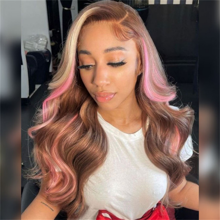 Hairsmarket Glueless Pink Balayage Brown Hair Color Wigs Body Wave Lace Front Wigs
