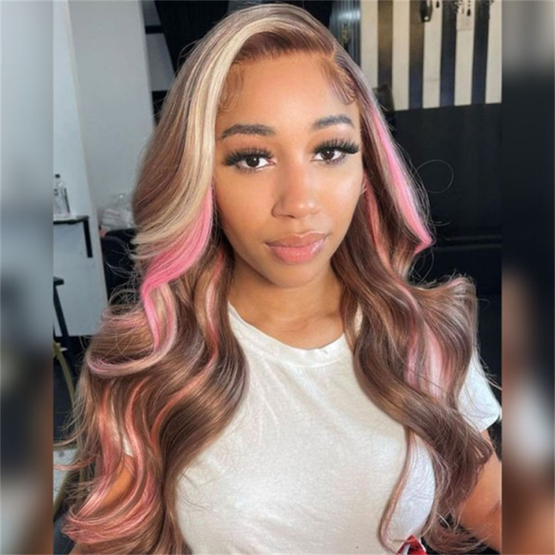 Hairsmarket Glueless Pink Balayage Brown Hair Color Wigs Body Wave Lace Front Wigs