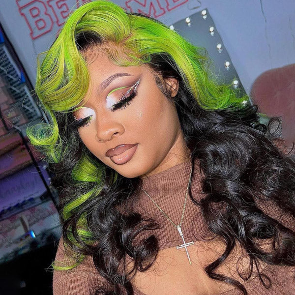 Highlight Green Wigs 13x4 HD Lace Front Wigs Body Wave Human Hair Wigs 34 Inch