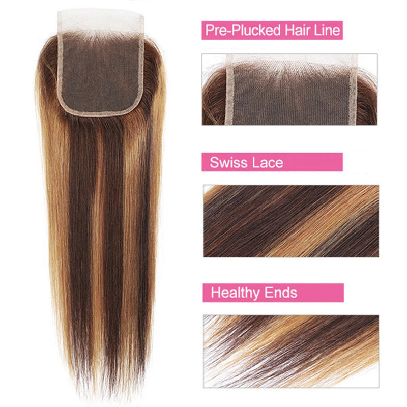 P4/27 Highlight Straight Hair 4x4 Lace Closure Brazilian Human Hair