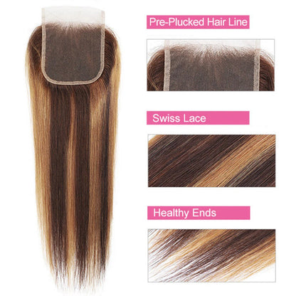 P4/27 Highlight Straight Hair 4x4 Lace Closure Brazilian Human Hair