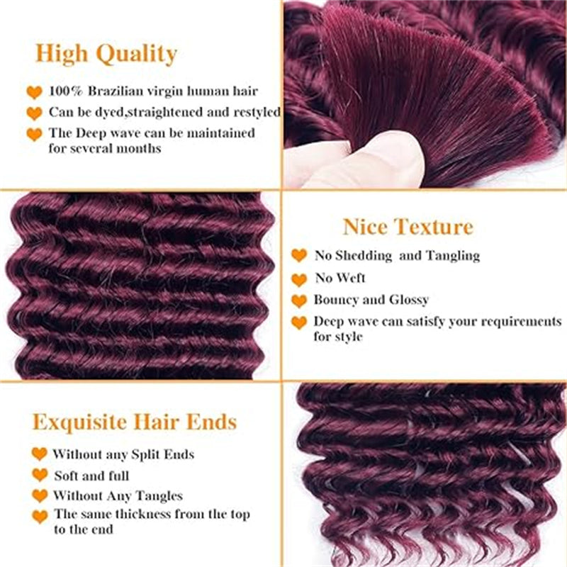 Hairsmarket Braiding Hair Burgundy Deep Wave Human Hair 1/3/4 Bundles Bulk Human Hair Extensions