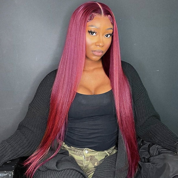 Wear And Go Wigs Burgundy 13x4 Lace Front Wigs Straight Human Hair 99J Glueless Wigs