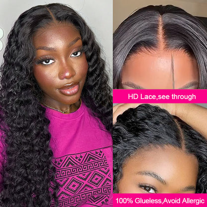 Deep Wave Glueless Wigs HD Transparent 13x6 Lace Frontal Wigs Pre Bleached Knots