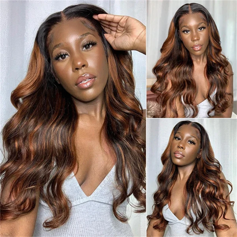 Hairsmarket T1B/4/30 Brown Balayage Highlight Human Hair 3 Bundles With Lace Closure