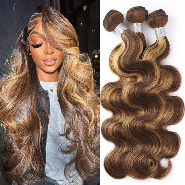 Honey Blonde Highlight Bundles Brazilian Body Wave Human Hair 3 Bundles P4/27 Color