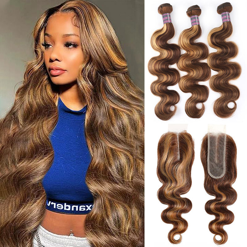 Hairsmarket Highlight Body Wave 100% Human Hair 3 Bundles With 2*6 Lace Closure 