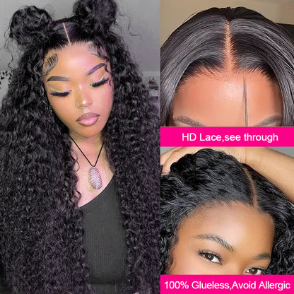 Wear &amp; Go Kinky Curly Glueless Wigs 5x5 HD Lace Closure Wigs Pre Bleached Knots Human Hair Wig