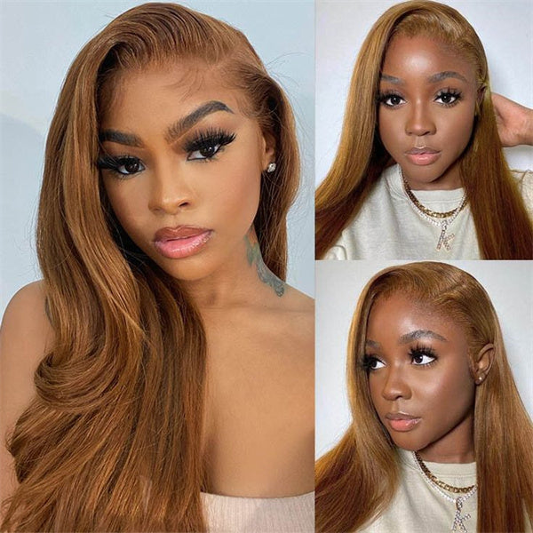 Light Brown Bundles with Closure Straight Human Hair 3 Bundles with 4x4 Lace Closure