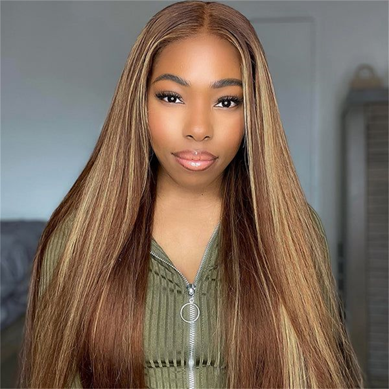 Straight Hair Wear &amp; Go Glueless Wigs P4/27 Highlights 13x6 Lace Front Wigs Bleached Knots Human Hair Wig