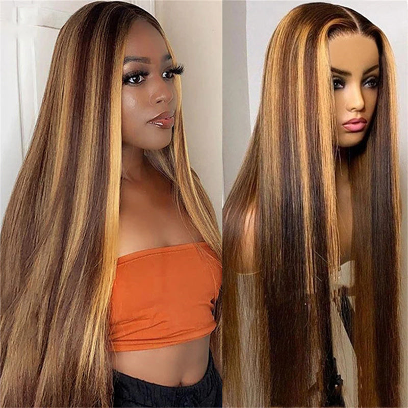 Straight Hair Wear &amp; Go Glueless Wigs P4/27 Highlights 13x6 Lace Front Wigs Bleached Knots Human Hair Wig