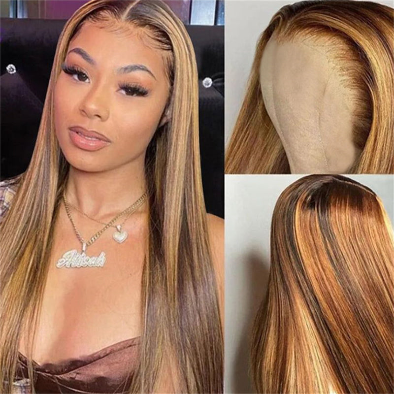 Straight Hair Wear &amp; Go Glueless Wigs P4/27 Highlights 13x6 Lace Front Wigs Bleached Knots Human Hair Wig