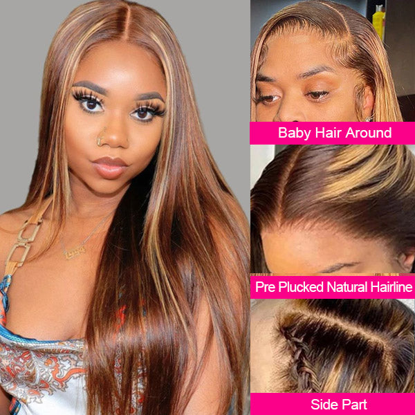 Wear &amp; Go Wigs Highlight Honey Blonde Glueless Wigs Straight Hair 13x4 Lace Front Wigs Pre Cut Lace