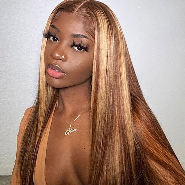 Wear &amp; Go Wigs Highlight Honey Blonde Glueless Wigs Straight Hair 13x4 Lace Front Wigs Pre Cut Lace