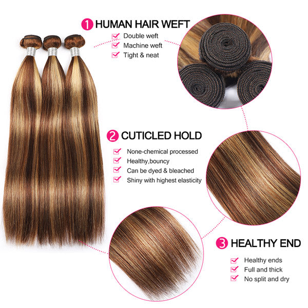 Honey Blonde Highlight Bundles Brazilian Straight Human Hair Weave Piano Hair 3 Bundles