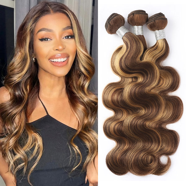 Honey Blonde Highlight Bundles Body Wave Human Hair 3 Bundles Remy Human Hair Weave P4/27 Color