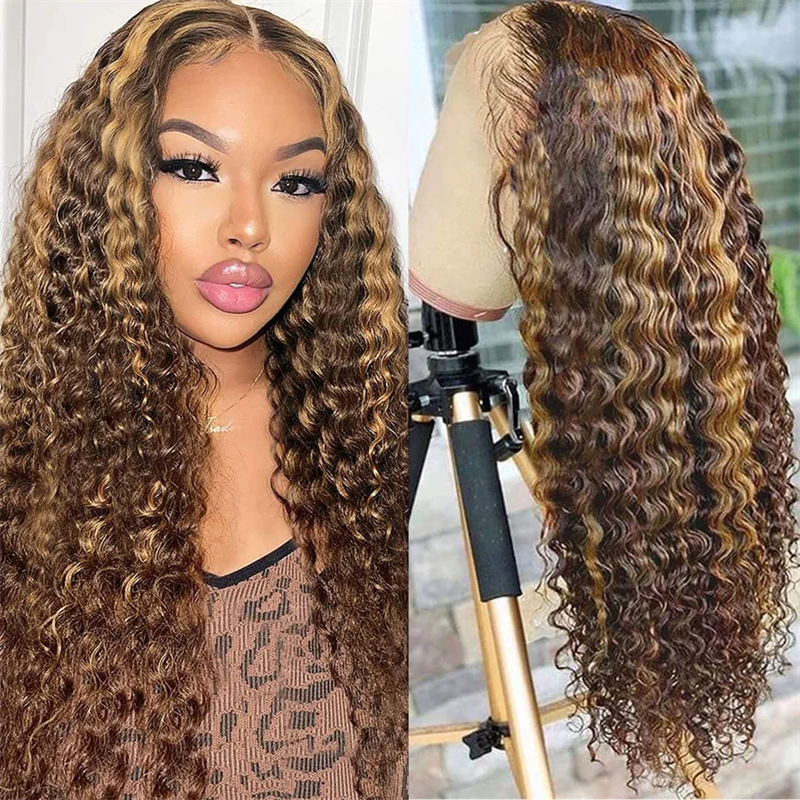 Hairsmarket Blonde Highlight Lace Wig Deep Wave Human Hair Wigs HD Transparent Lace Wigs with Baby Hair