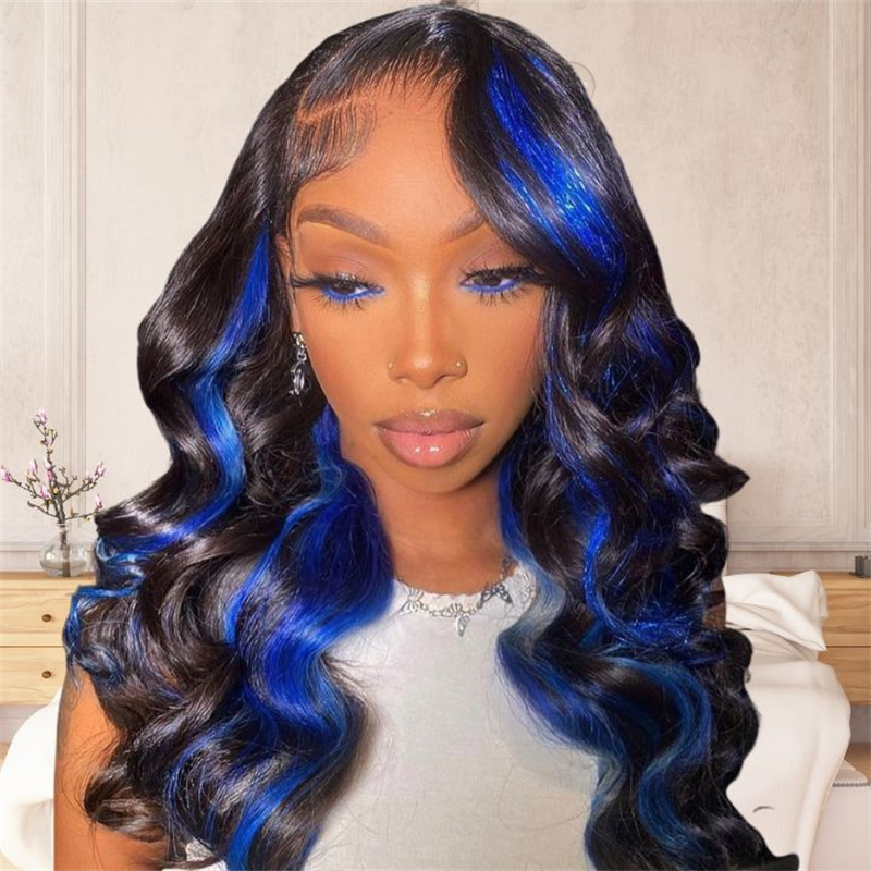 Hairsmarket Ginger Highlight Glueless Wigs Body Wave 13x4 HD Lace Front Wig Blue Highlight Colored Human Hair Wigs