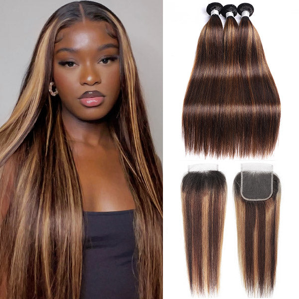 Hairsmarket Ombre Highlights T1B/4/30 Straight Human Hair 3 Bundles With Lace Closure