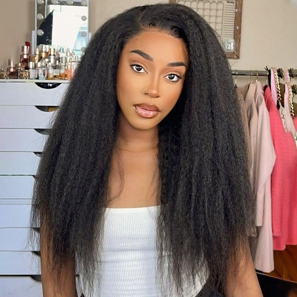 Kinky Straight Wear &amp; Go Wigs Yaki Hair HD Transparent 13x6 Lace Front Wigs Pre Bleached Knots