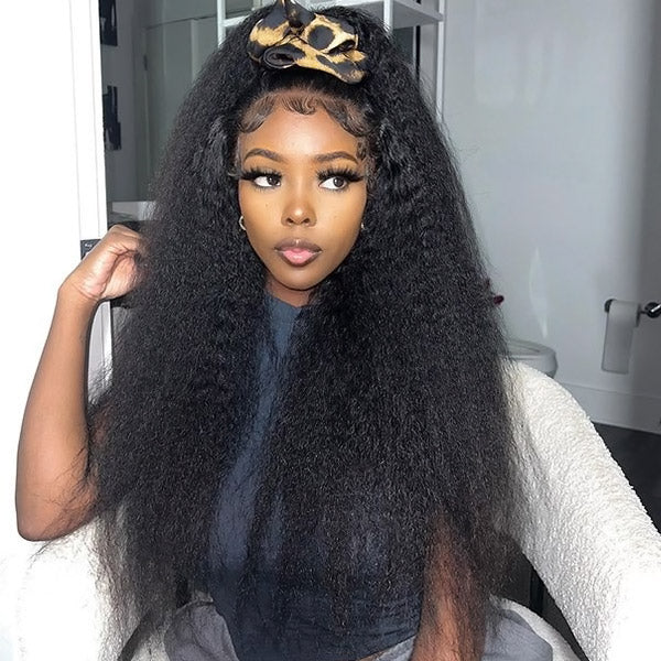 Kinky Straight Wear &amp; Go Wigs Yaki Hair HD Transparent 13x6 Lace Front Wigs Pre Bleached Knots