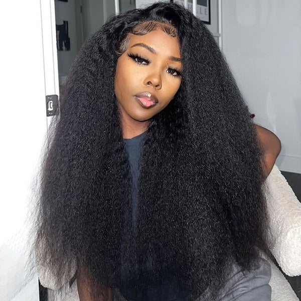 Kinky Straight Wear &amp; Go Wigs Yaki Hair HD Transparent 13x6 Lace Front Wigs Pre Bleached Knots