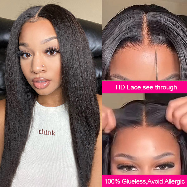 Pre Bleached Knots Kinky Straight Wear &amp; Go Wigs HD 5x5 Lace Closure Wigs Yaki Human Hair