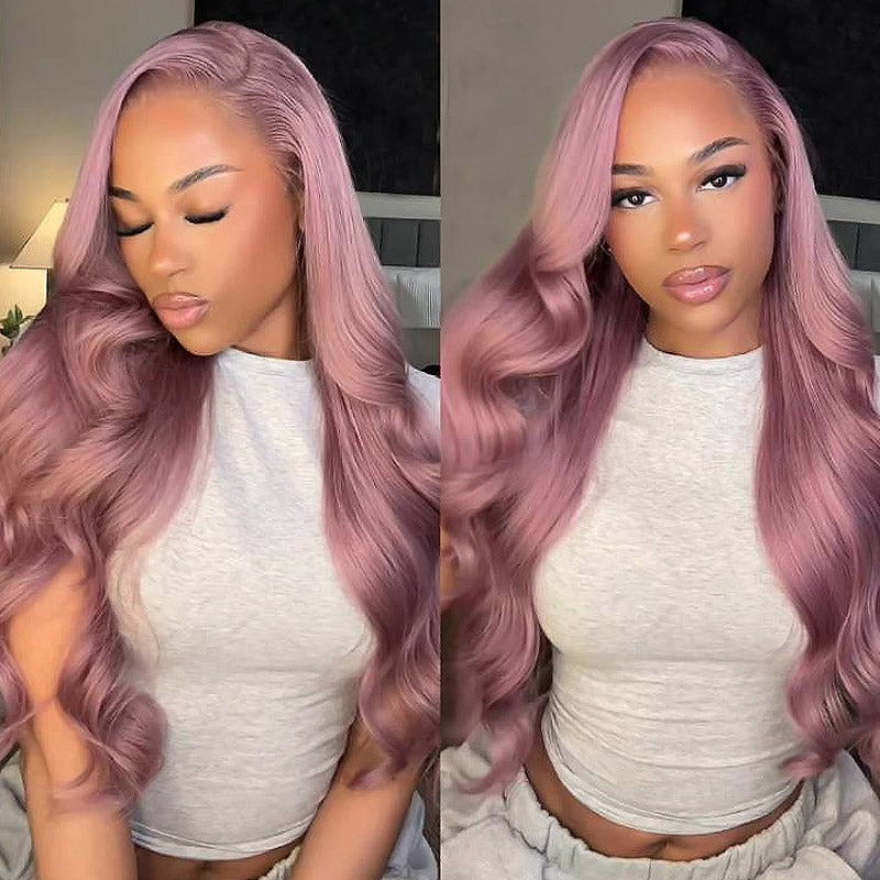 Hairsmarket Ash Purple HD Lace Front Wig Body Wave Straight Human Hair Wig Rose Gold Color 180% Density