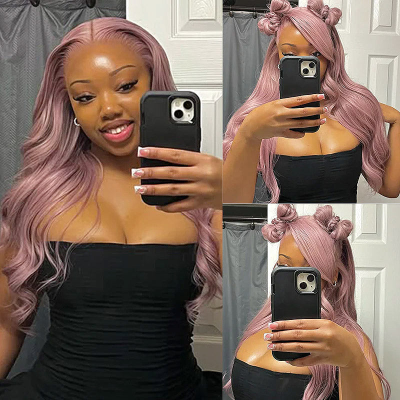 Hairsmarket Ash Purple HD Lace Front Wig Body Wave Straight Human Hair Wig Rose Gold Color 180% Density