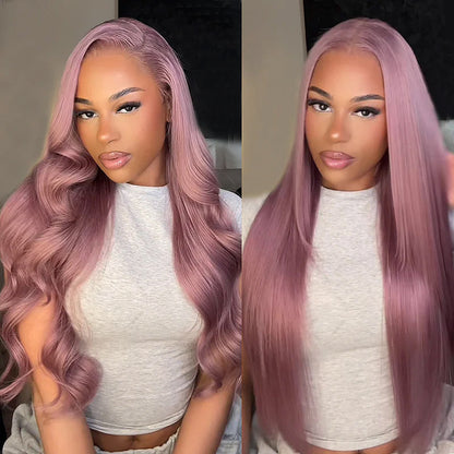 Hairsmarket Ash Purple HD Lace Front Wig Body Wave Straight Human Hair Wig Rose Gold Color 180% Density