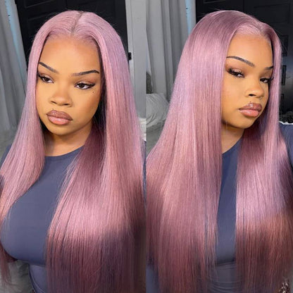 Hairsmarket Ash Purple HD Lace Front Wig Body Wave Straight Human Hair Wig Rose Gold Color 180% Density