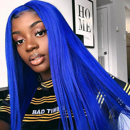 Blue Wig 13x4 HD Lace Frontal Wig Bone Straight Human Hair Colored Wigs