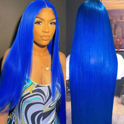 Blue Wig 13x4 HD Lace Frontal Wig Bone Straight Human Hair Colored Wigs