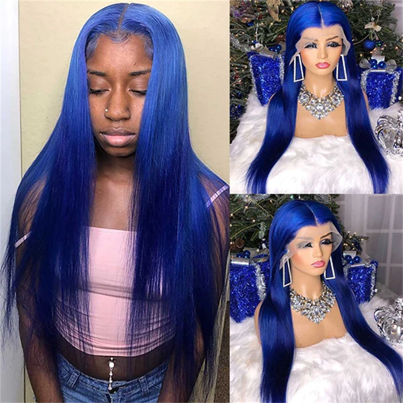 Blue Wig 13x4 HD Lace Frontal Wig Bone Straight Human Hair Colored Wigs