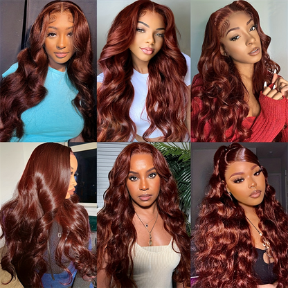 Hairsmarket Reddish Brown Body Wave Human Hair Wigs HD Transparent 13x6 Lace Front Glueless Wigs